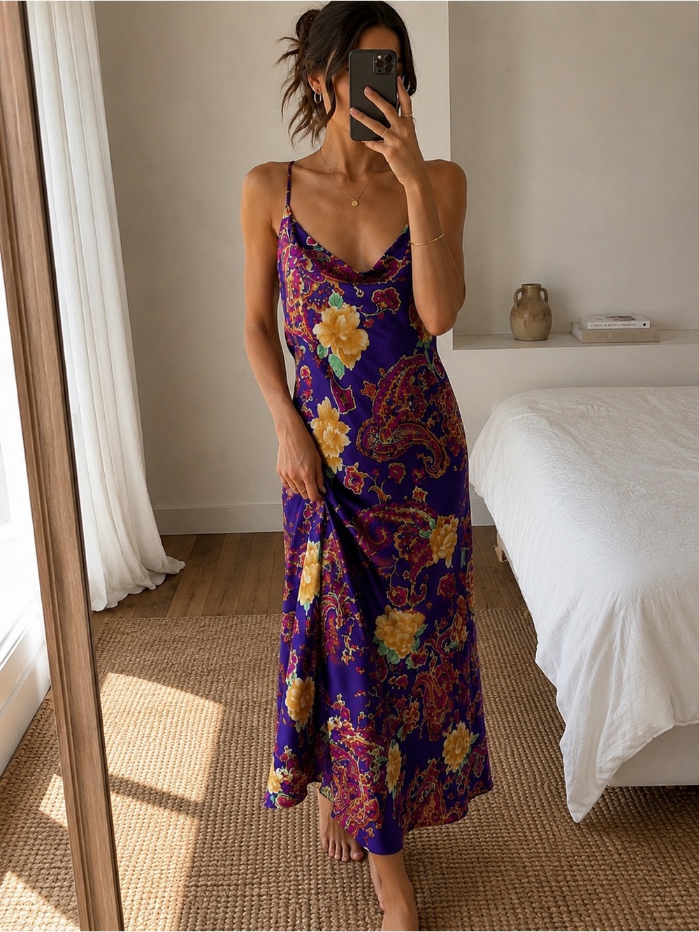 Vintage Kim Rogers Intimates Purple Paisley Satin Maxi Slip Dress XL